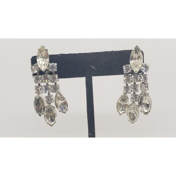 Vintage Rhinestone Earrings Big Dangle Earrings Screw Back Art Deco 1950s - Picture 1 of 9